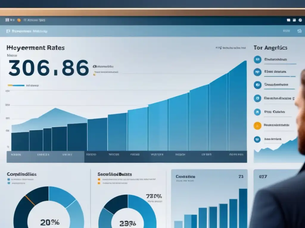 Panel de análisis métricas clave campañas redes: gráficos nítidos, diseño moderno en azules y blancos transmiten profesionalismo