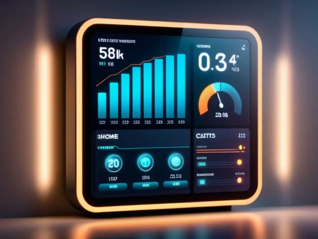 Panel de control domótico futurista, mostrando métricas de consumo de energía en tiempo real con gráficos interactivos