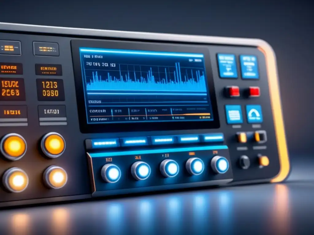 Panel de control futurista con botones iluminados y pantallas digitales mostrando datos complejos