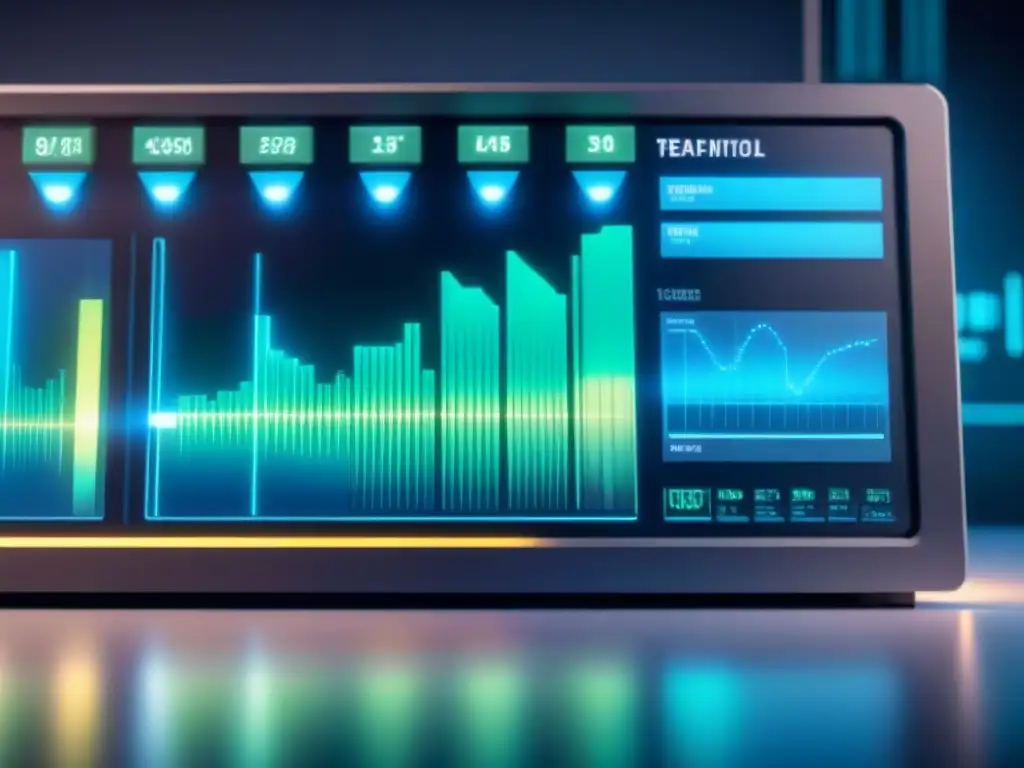 Panel de control futurista con datos en tiempo real, luces azules y verdes