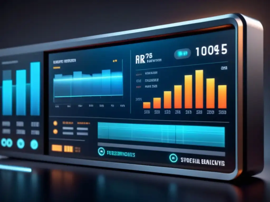 Panel de control futurista muestra datos analíticos detallados en diseño minimalista