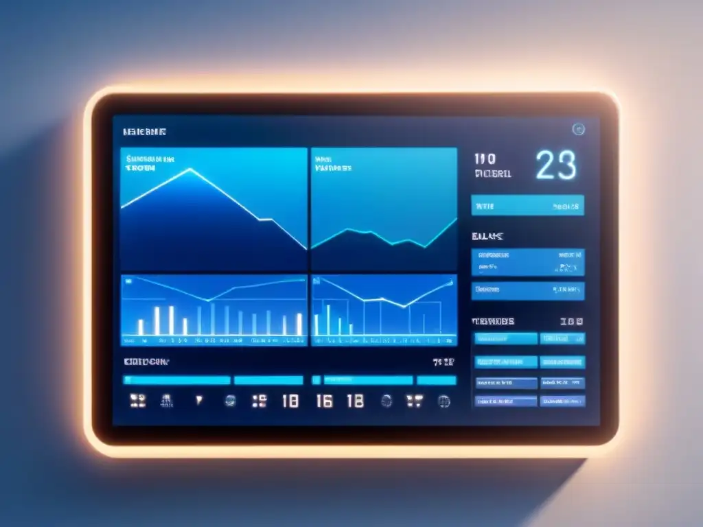Panel de control futurista con visualización de datos en tiempo real en tonos azules y blancos, inspirando tecnología avanzada