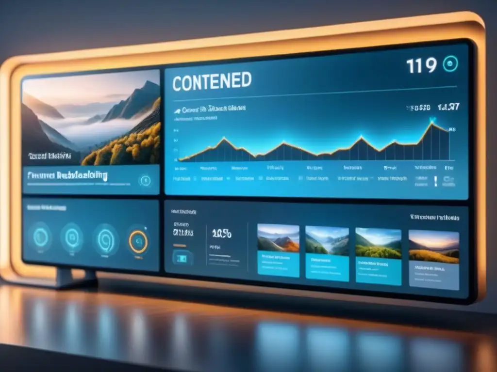 Panel de contenido AI futurista en pantalla digital transparente Un panel de control futurista AI para marketing de contenido, con tonos azules y grises