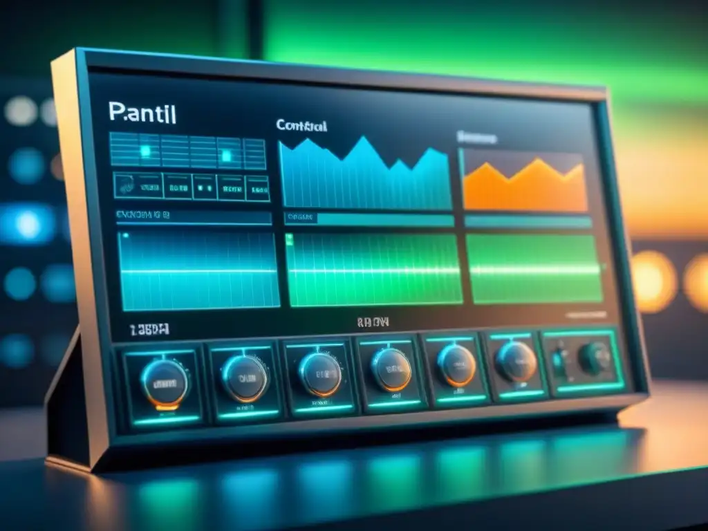 Panel de control futurista muestra visualización datos tiempo real industria en escenario industrial elegante con gráficos y luces azules y verdes