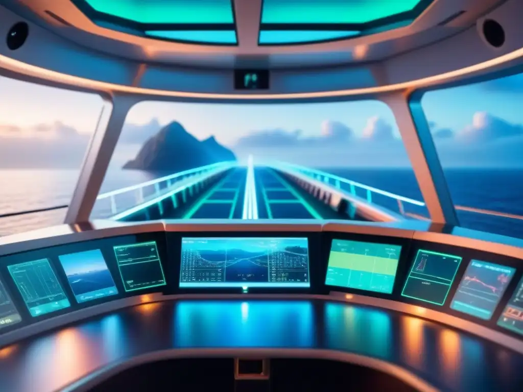 Un panel de control futurista en una nave, con gráficos holográficos y vista al mar