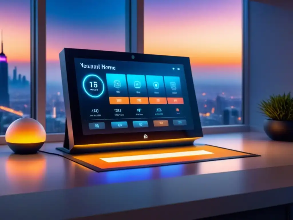Panel de control de hogar inteligente moderno y elegante, mostrando dispositivos conectados y una ciudad futurista al anochecer