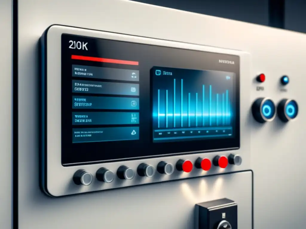 Panel de control industrial moderno con datos y símbolo de seguridad, en fondo blanco