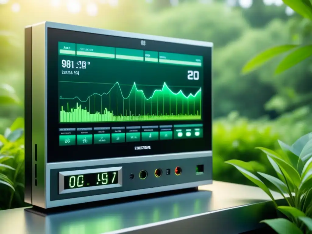 Panel de control industrial moderno mostrando métricas de consumo de energía en tiempo real, integrando tecnología y naturaleza