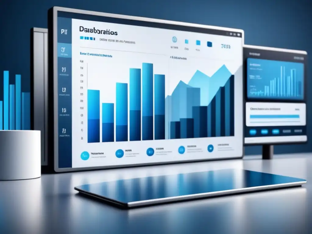 Panel de control moderno con visualizaciones de datos en azules, grises y blancos