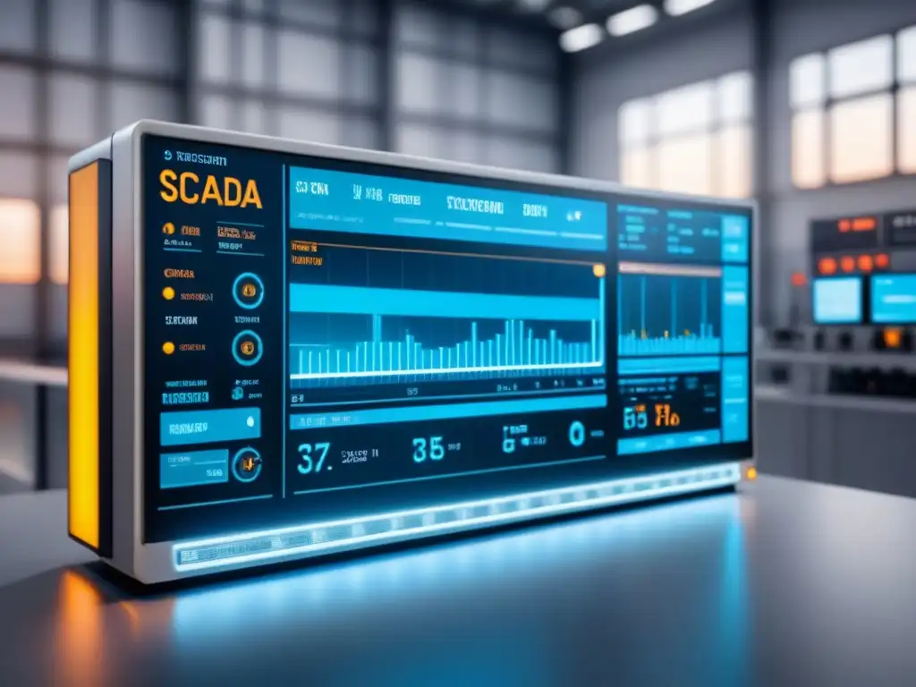 Panel de control SCADA moderno en una fábrica, con diseño minimalista y esquema de color monocromático