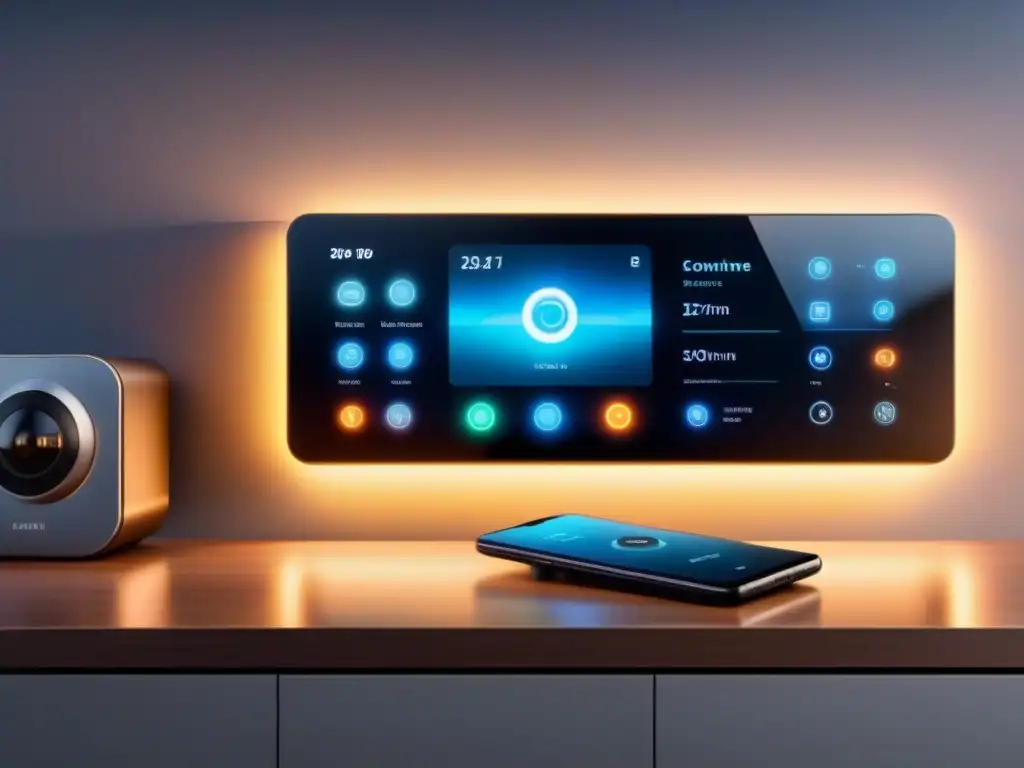 Panel de control de sistema domótico moderno e integrado, gestionando dispositivos conectados