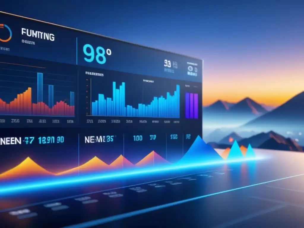 Un panel de visualización de datos futurista y elegante, mostrando tendencias de mercado análisis predictivo con gráficos dinámicos y modelos predictivos en tonos azules y metálicos sofisticados