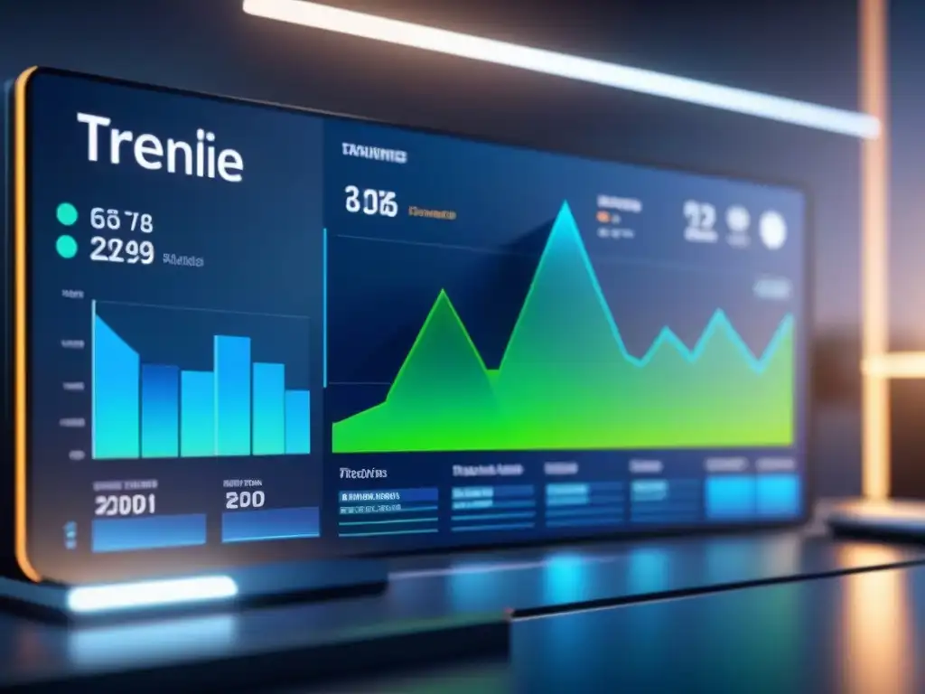 Panel de visualización de datos para industrias: diseño futurista con gráficos vibrantes y conectados en azules y verdes