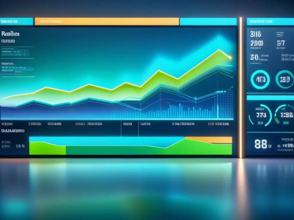 Panel de visualización de datos para industrias en tonos azules y verdes, mostrando gráficos detallados en pantalla transparente