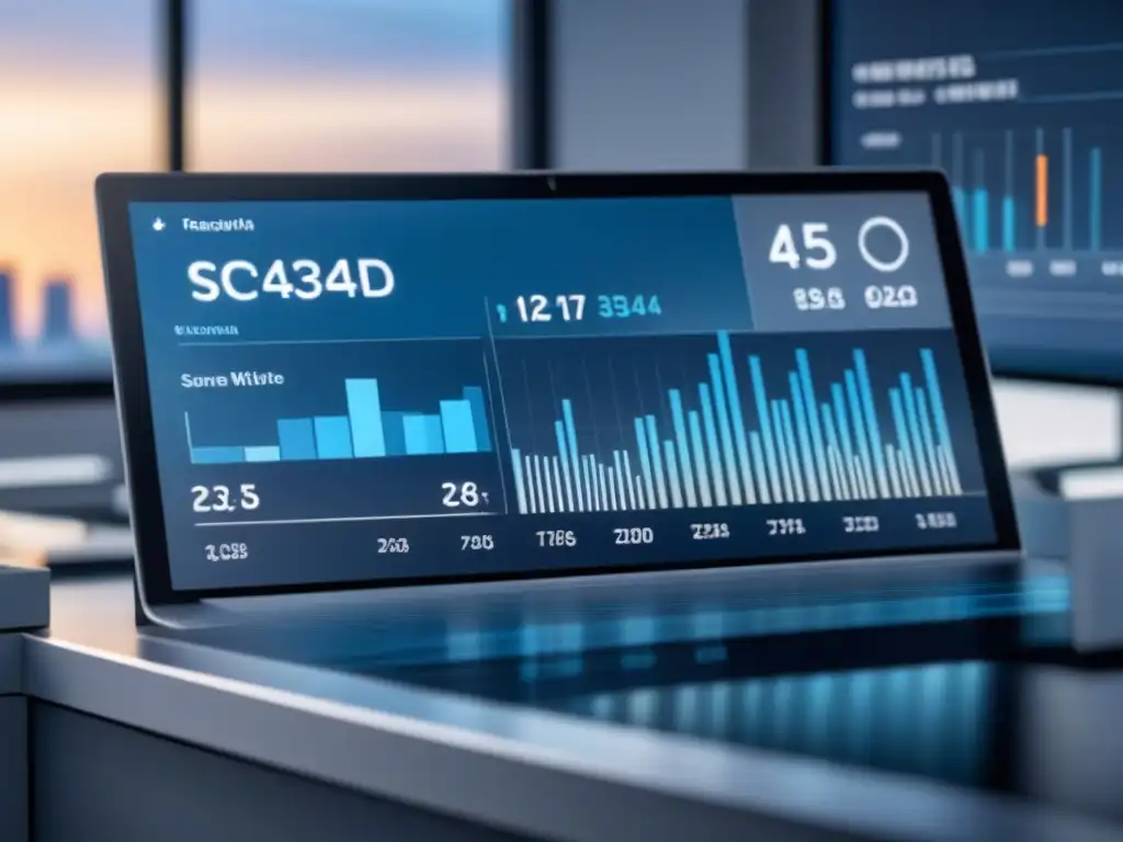 Panel digital elegante con gráficos detallados de análisis de datos ventas industriales en tonos azules, blancos y grises