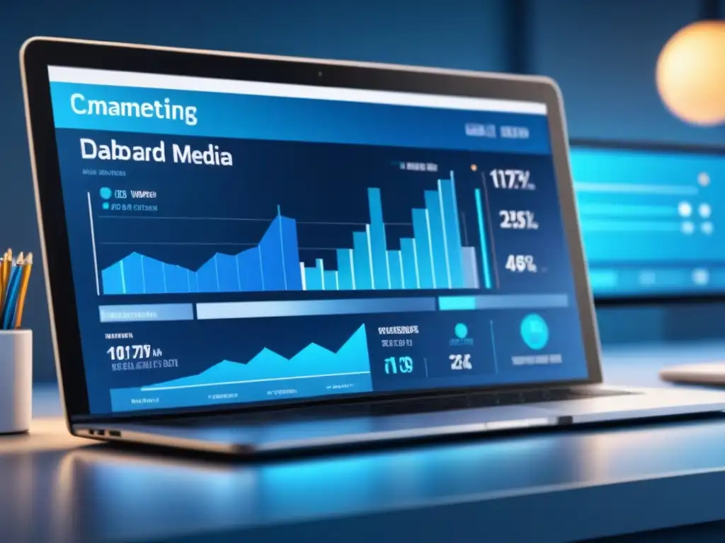 Un panel digital futurista muestra datos de marketing industrial en redes sociales 2023 con gráficos y colores metálicos