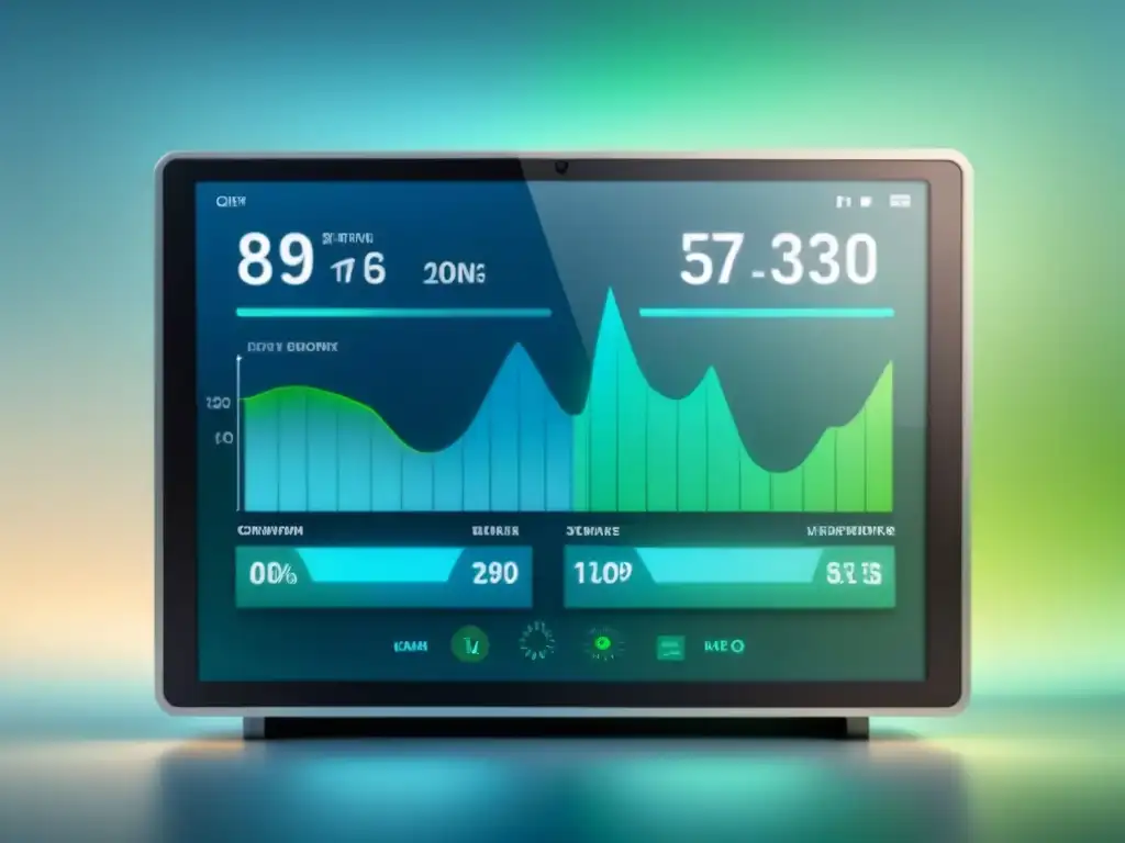 Panel digital minimalista mostrando datos de consumo energético en tiempo real, con colores fríos y líneas modernas