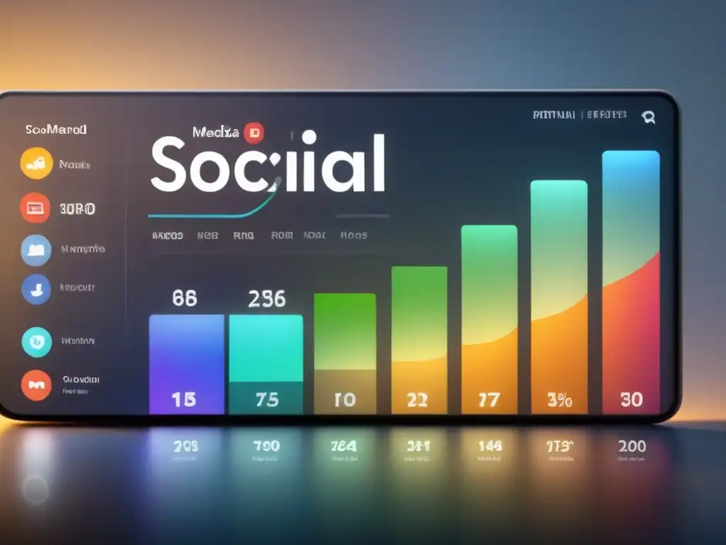 Un panel digital minimalista y detallado muestra métricas clave de redes sociales como alcance, interacción e impresiones