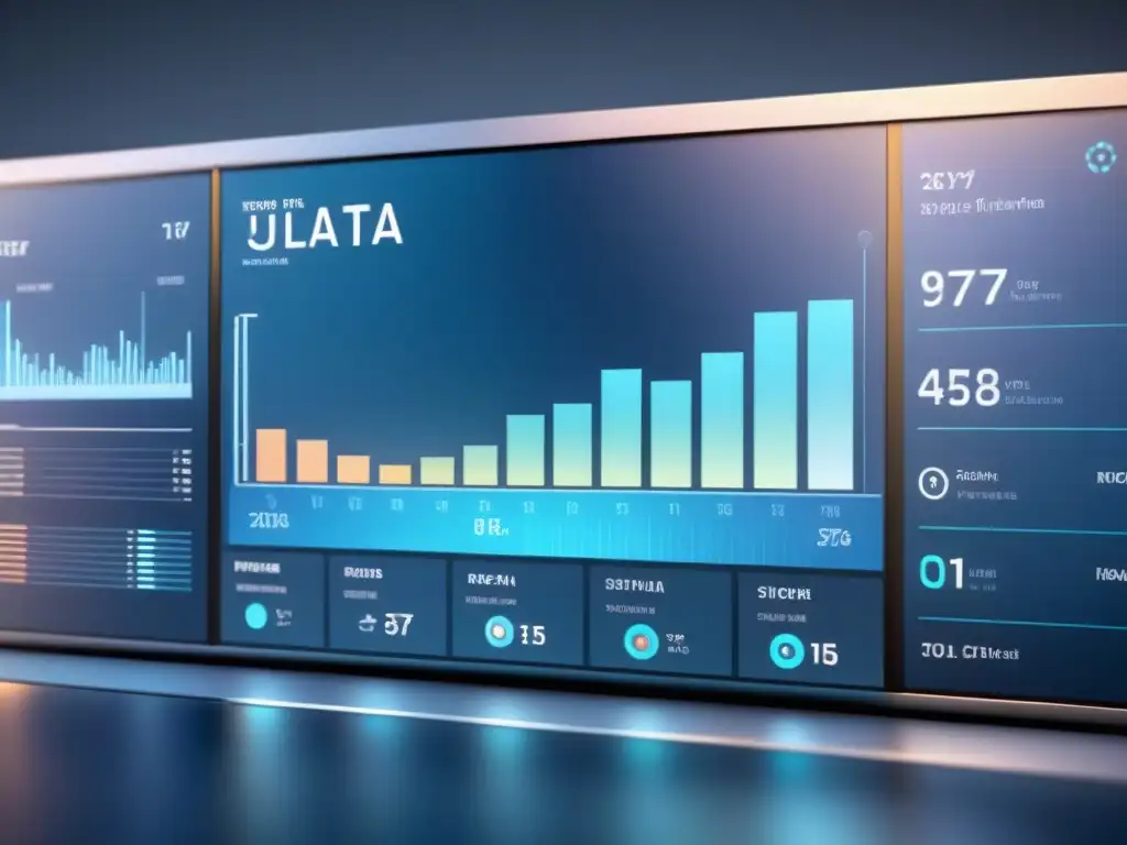 Un panel digital moderno muestra visualizaciones de datos en azules y metálicos, ideal para la implementación estrategias Big Data decisiones