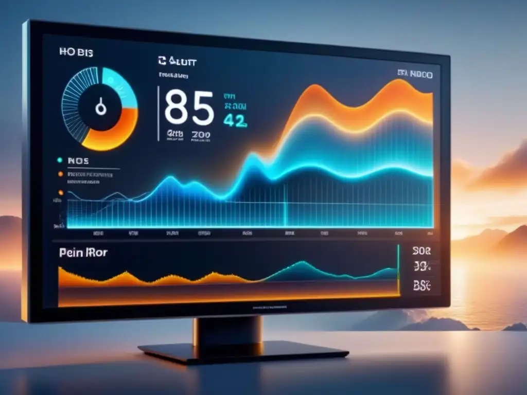 Un panel de energía futurista muestra visualizaciones detalladas de datos sobre energías renovables y eficiencia