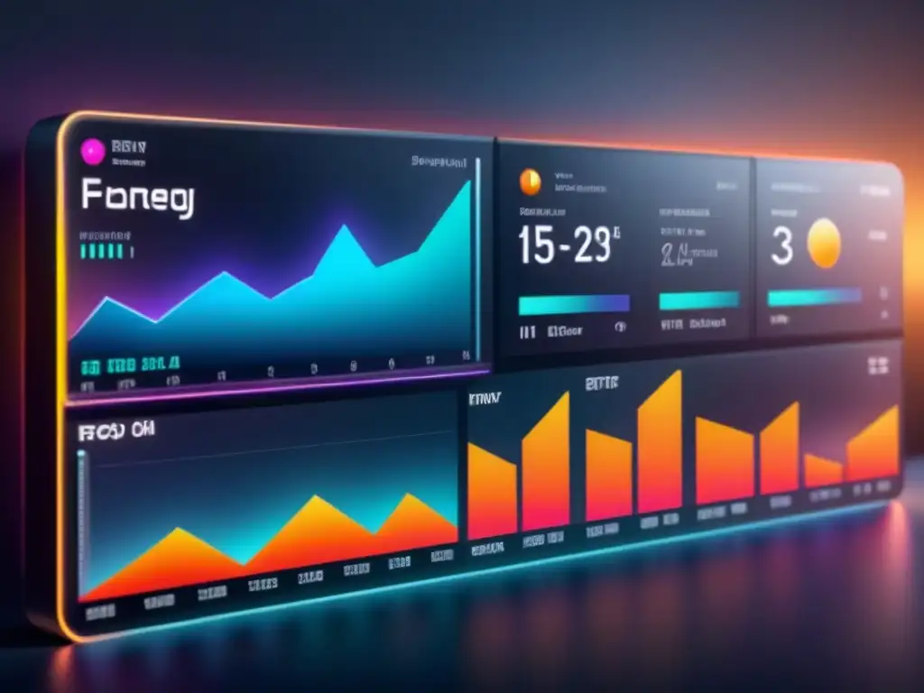 Panel futurista de gestión energética con gráficos vibrantes en software gestión energética control consumo