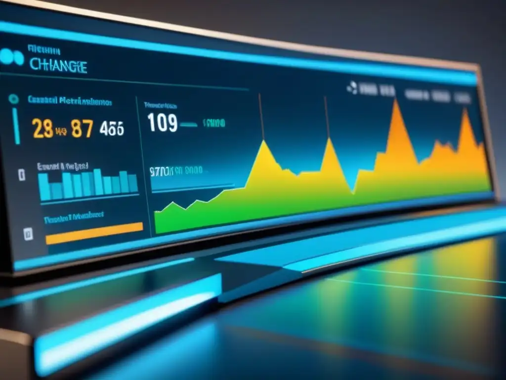 Un panel futurista muestra indicadores clave de gestión cambio tecnológico en tonos monocromáticos y toques de azul y verde