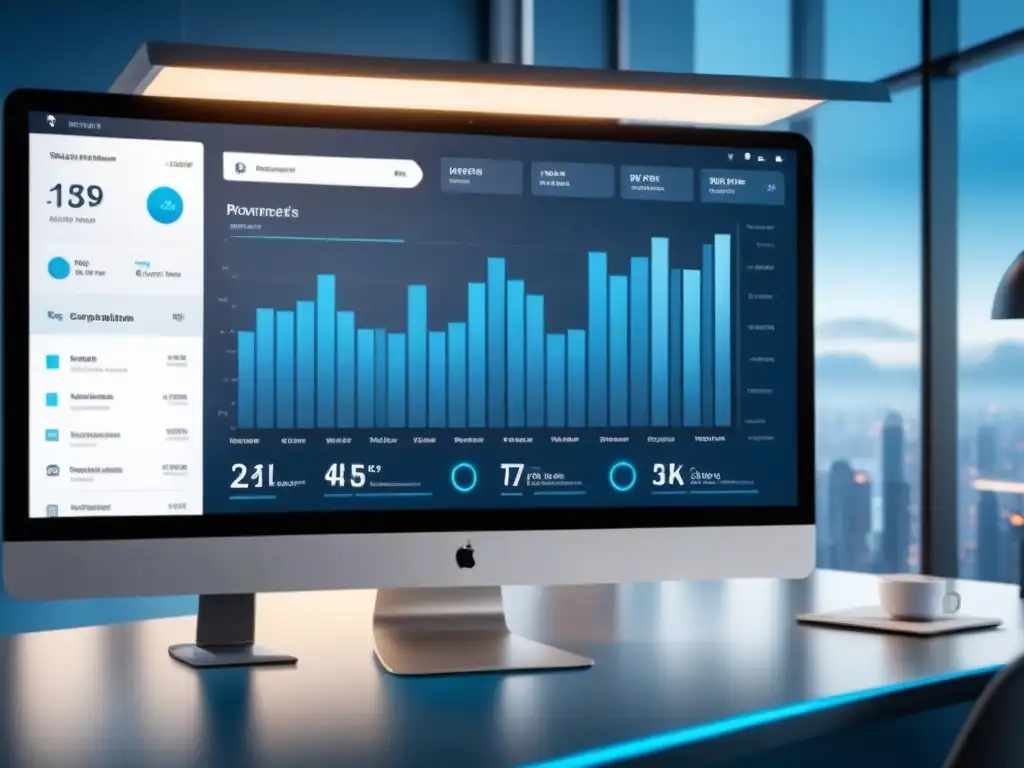 Un panel futurista de software gestión proyectos impacto financiero con gráficos y métricas en tonos profesionales