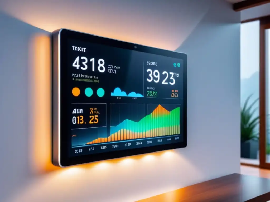 Panel de hogar inteligente futurista mostrando reducción de huella de carbono