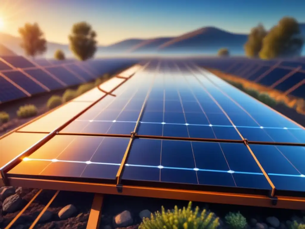 Energía solar brillante: innovación y sostenibilidad Un panel solar estilizado brilla bajo el cielo azul, con patrones de circuitos visibles