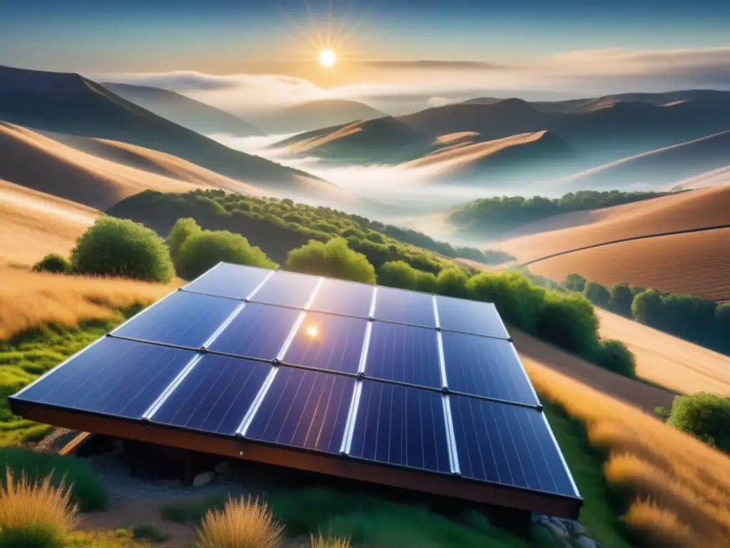 Panel solar futurista con nanotecnología en energías renovables eficientes, integrado en paisaje vibrante y soleado