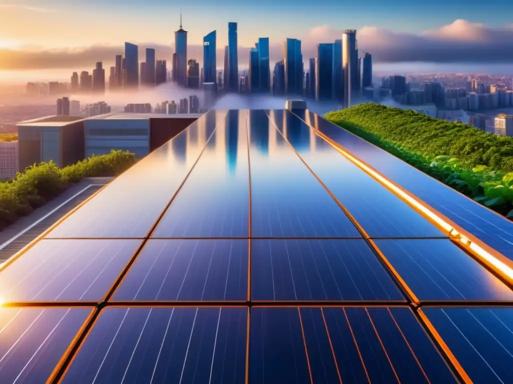 Un panel solar moderno integrado en la ciudad del futuro, reflejando la luz solar