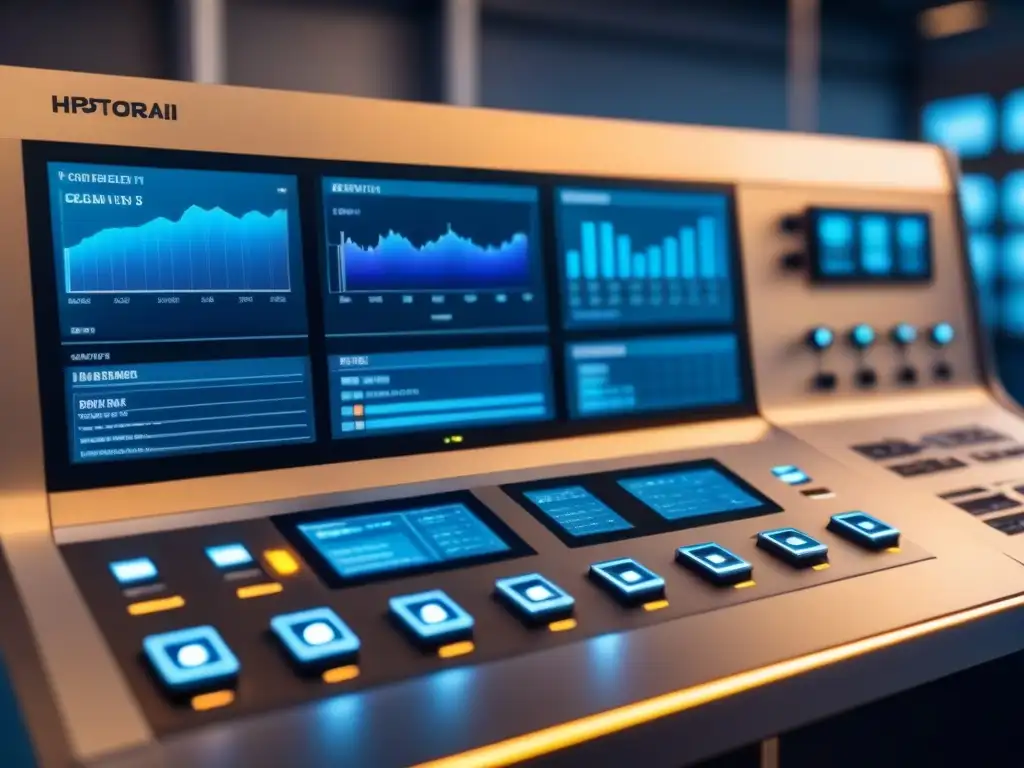 Paneles de control industriales futuristas con datos complejos en una fábrica hightech