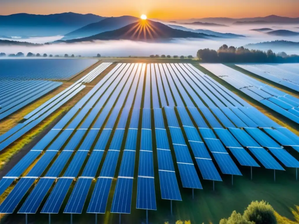 Innovación paneles solares avances: Campo solar extenso bajo cielo azul, paneles reflejando la luz en patrón hipnotizante