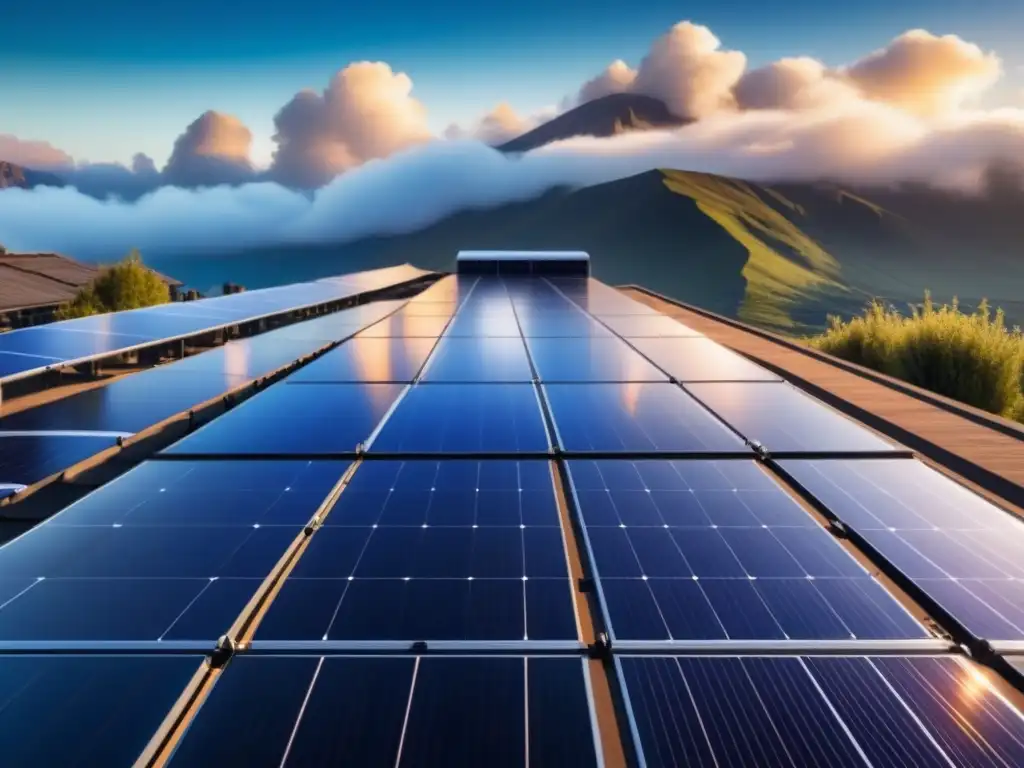 Paneles solares eficientes en un techo moderno y minimalista con cielo azul claro y nubes blancas