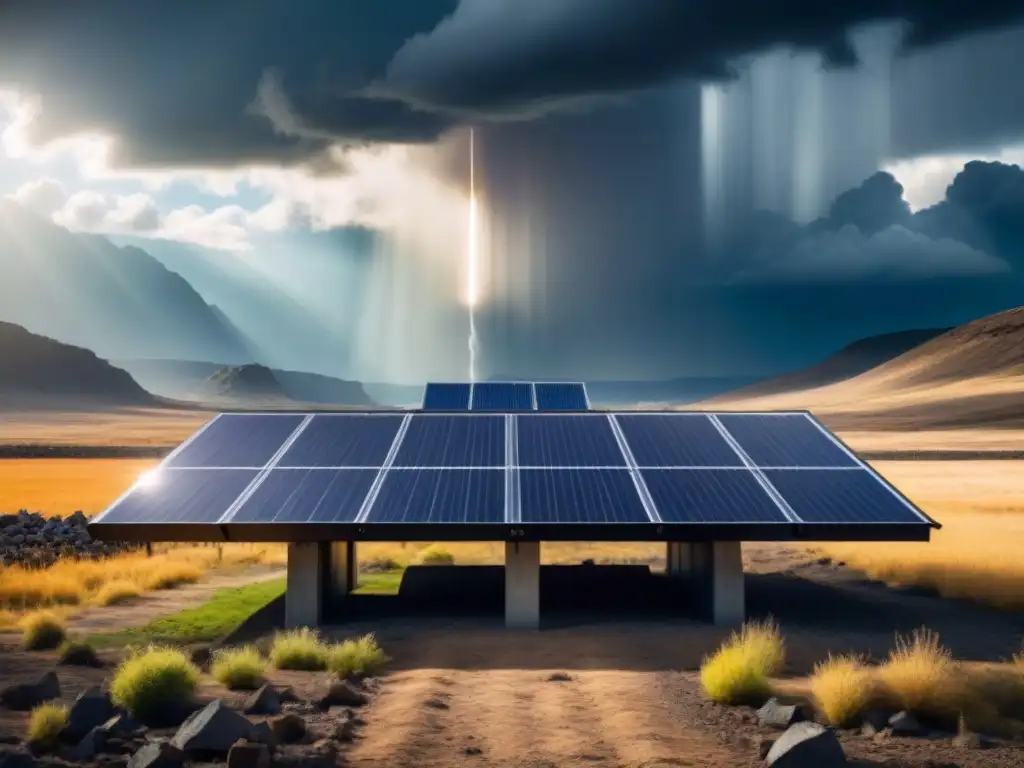 Paneles solares en paisaje devastado, con rayos de luz y esperanza