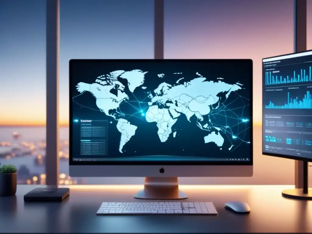 Una pantalla de computadora moderna muestra una red de cadena de suministro, destacando el análisis de datos