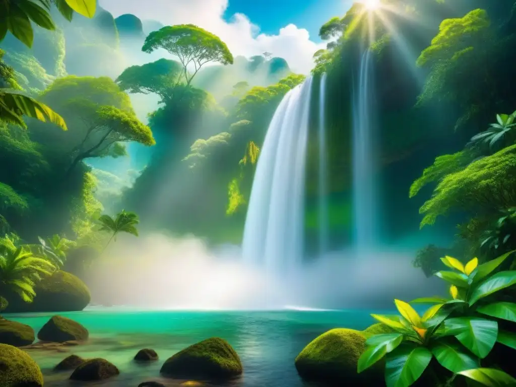 Un paraíso natural intocado: exuberante selva con cascada, aves tropicales y agua cristalina reflejando la luz del sol