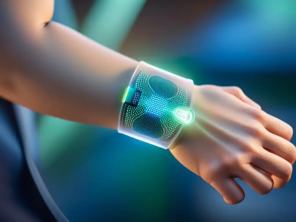 Un parche electrónico flexible se fusiona con el antebrazo humano, brillando con tecnología bioluminiscente