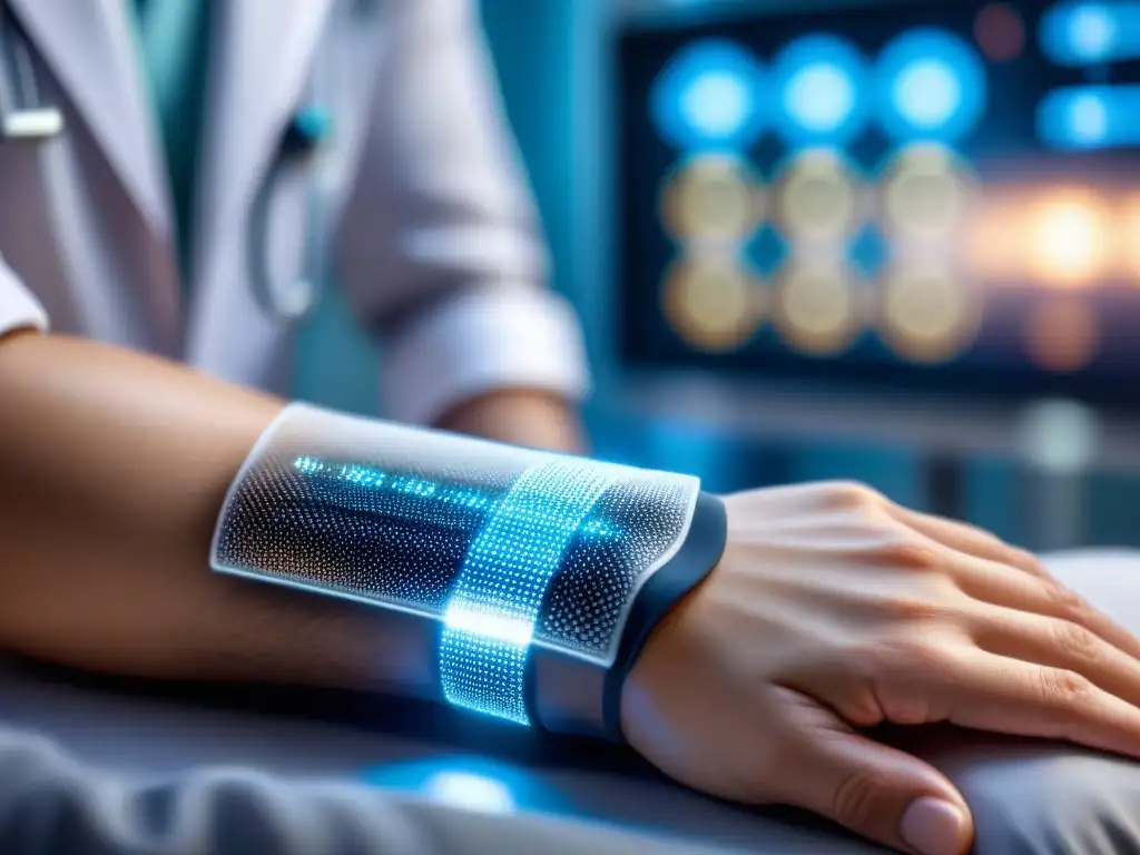 Un parche electrónico flexible muestra signos vitales en el antebrazo humano en un entorno médico futurista