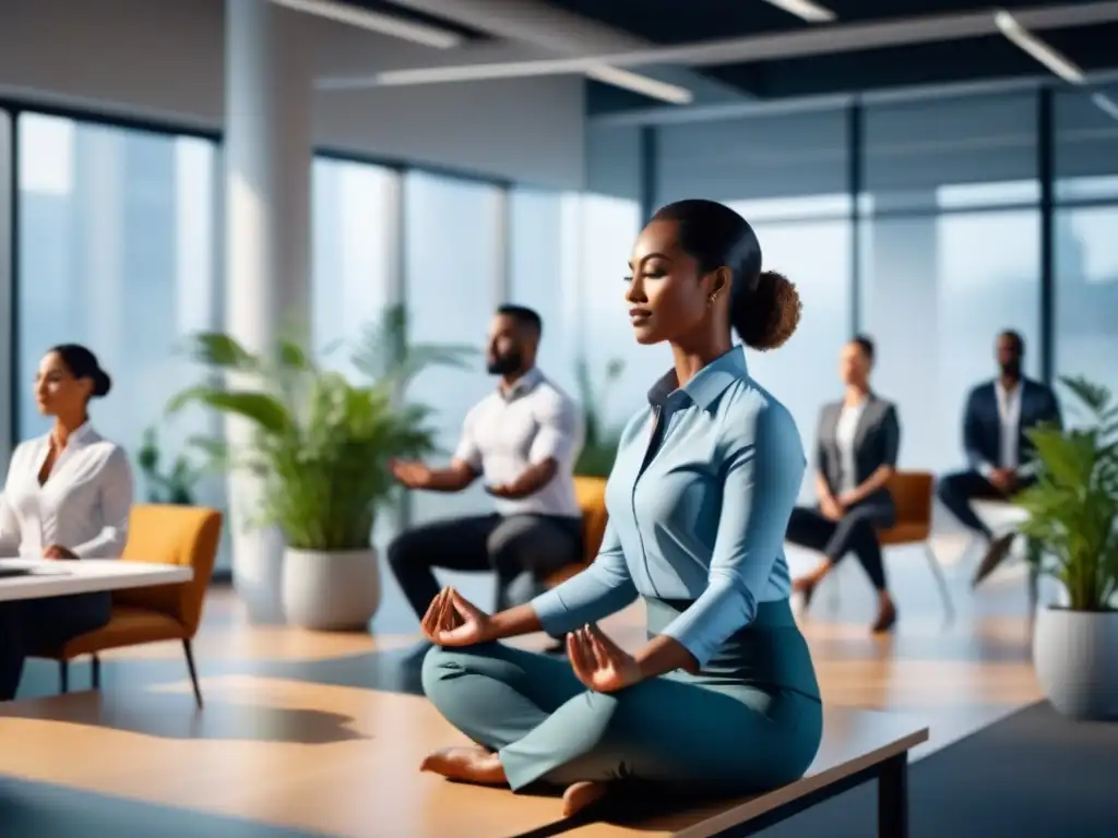 Pausa activa: empleados en oficina realizan actividades para el bienestar mental en un espacio moderno y luminoso