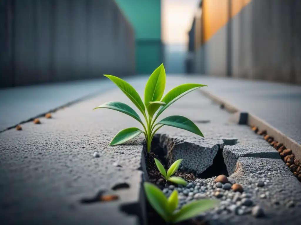 Pequeña planta verde crece en grieta de concreto, representando innovación a través de resiliencia