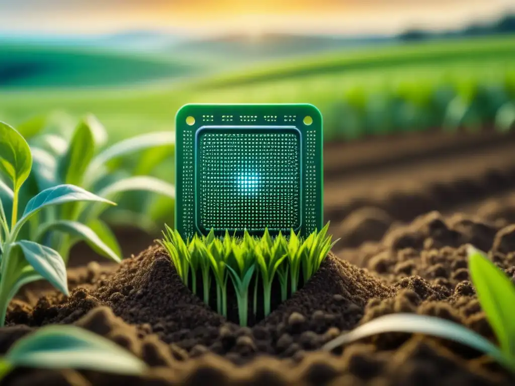 Pequeño nanochip en campo agrícola verde, rodeado de cultivos vibrantes