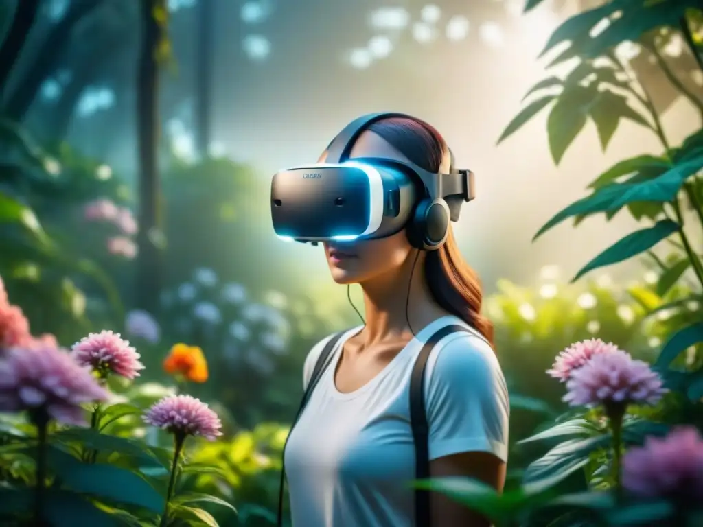 Persona en jardín digital de Realidad Virtual en salud rehabilitación, rodeada de flores y calma