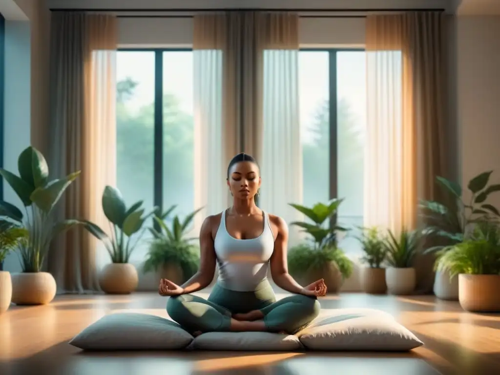 Persona meditando en un espacio de oficina tranquilo y sereno, rodeada de plantas y luz natural