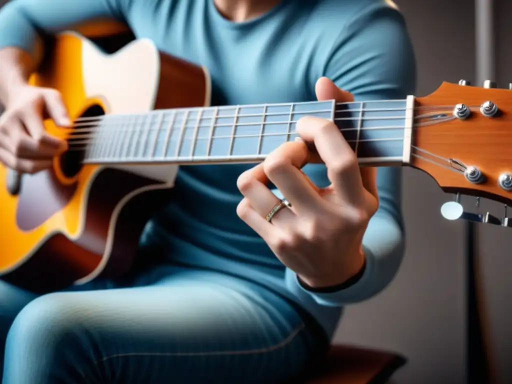 Persona feliz usando prótesis innovadora impresa en 3D para tocar guitarra