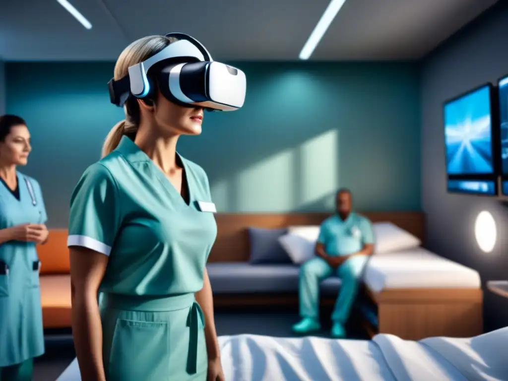 Persona en hospital futurista usando auriculares de realidad virtual, con profesionales médicos observando simulación de rehabilitación