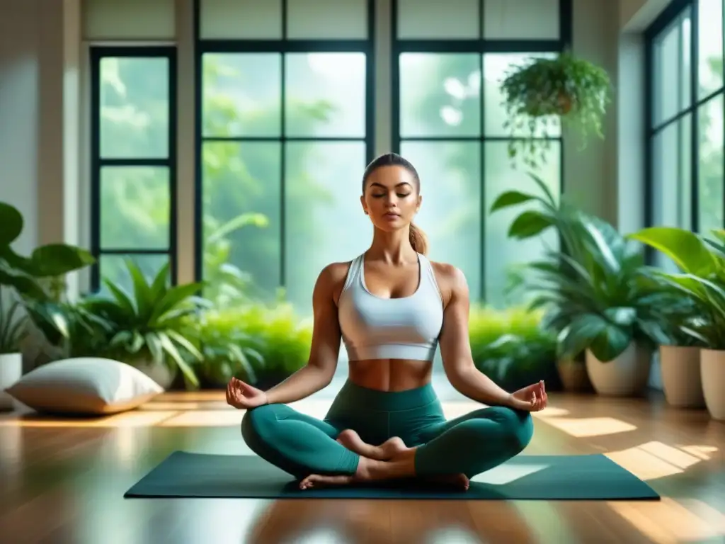 Persona en pose de yoga, rodeada de plantas, transmitiendo calma y serenidad para técnicas manejo estrés laboral efectivas