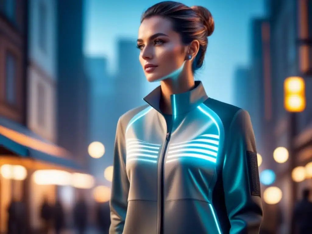 Persona con prenda inteligente de sensores textiles salud entorno, integrando tecnología en la moda diaria