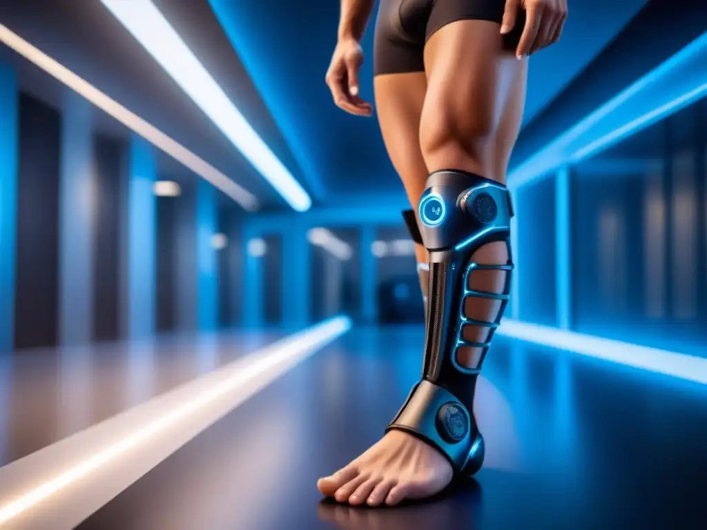 Persona con prótesis avanzada en centro rehabilitación futurista, usando tecnologías emergentes en rehabilitación prótesis