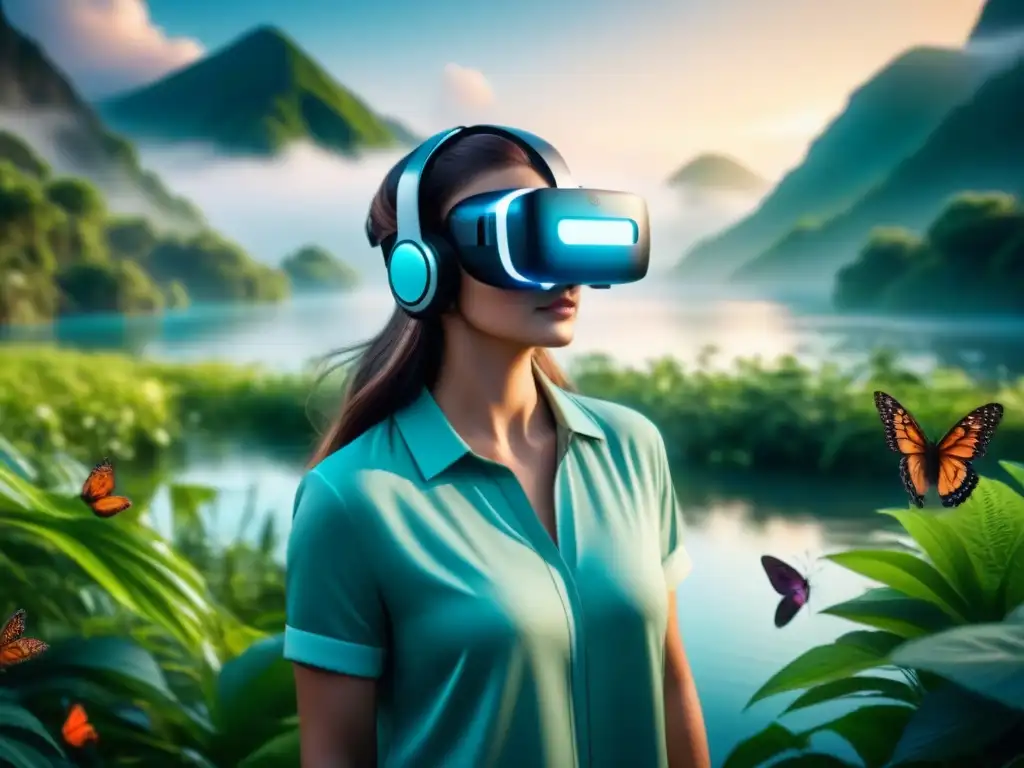 Persona en Realidad Virtual en salud rehabilitación, inmersa en entorno natural sereno con mariposas coloridas